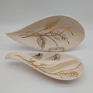 By Eve Gold Floral Shallow Dish Bowl Spoon Holder Pink Ceramic Handmade Vintage